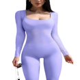 thumbnail image 3 of Women Ribbed Knit Yoga Jumpsuits Square Neck Long Sleeve Bodycon Rompers One-Piece Workout Sports Outfits, 3 of 6