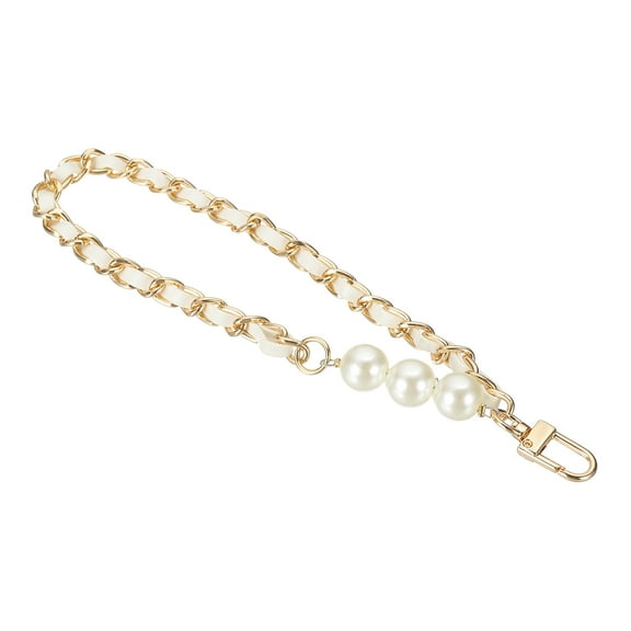 Chain Wristlet Strap, 8" Pearl Leather Chain Wrist Lanyard Hand Strap Replacement with Metal Buckles for DIY Keychain Purse Wallet Clutch Bags Handbag Phone Case, Gold-White