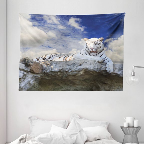 Tiger Tapestry, Bengal Hunter Surveying What is Beneath It from Top White Large Feline, Wall Hanging for Bedroom Living Room Dorm Decor, 80W X 60L Inches, Eggshell Sky Blue White, by Ambesonne