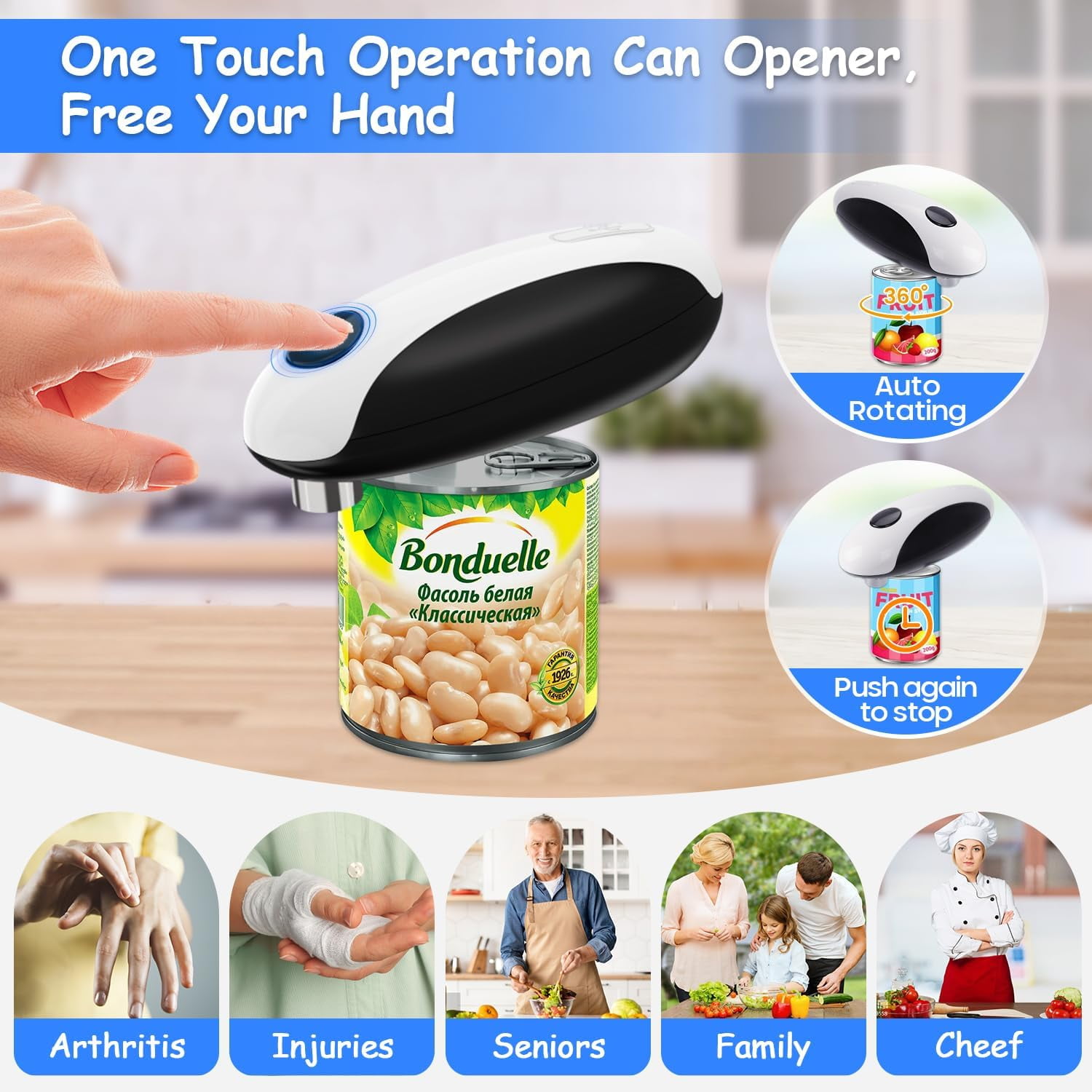 Behome Rechargeable Electric Can Opener, One Touch Automatic Can Opener for Kitchen and Seniors with Arthritis, Smooth Edge & Handsfree, Ultra-Compact Opener Fits All Can Sizes, White