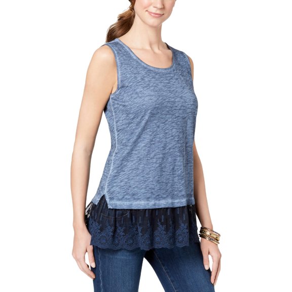 Style & Co. Womens Petites Lace Trim Slub Tank Top Blue PL