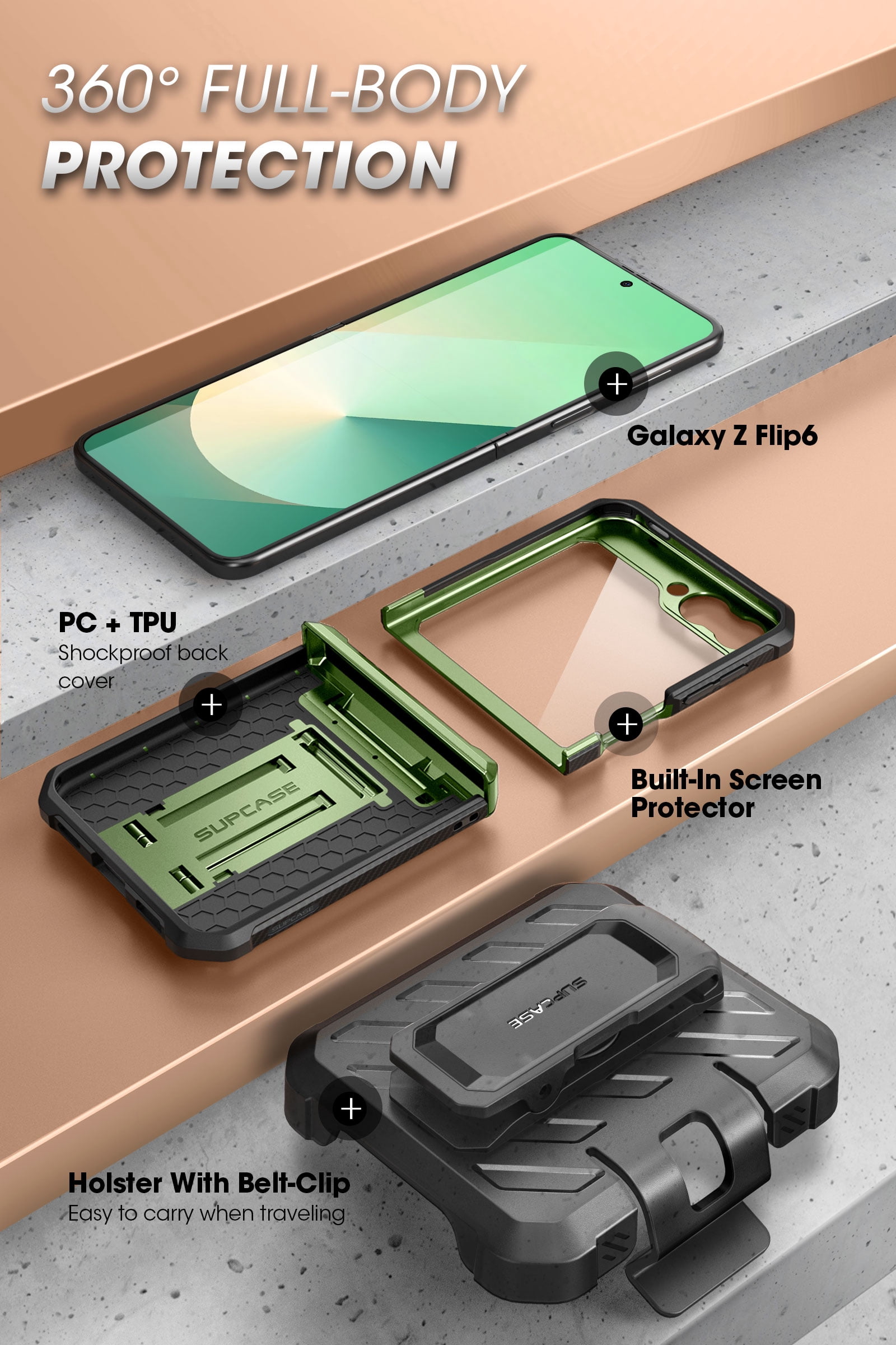 SUPCASE for Samsung Galaxy Z Flip 6 Case with Stand & Belt-Clip (Unicorn Beetle Pro), [Hinge Protection] [Front Screen Protector] Full Body Rugged Protective Phone Case for Galaxy Z Flip 6/5, Guldan