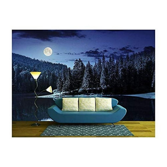 wall26 - Lake Near The Pine Forest in Mountains at Night in Full Moon Light - Removable Wall Mural | Self-Adhesive Large Wallpaper - 66x96 inches