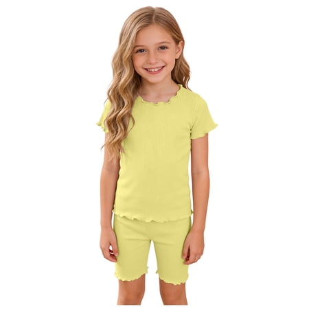 Nwiuh Toddler Baby Girl Summer Clothes Ribbed Knit Cotton Cute Summer Outfits Short Sleeves 2 Pieces Shorts Set (Light Yellow 3-4 Years)