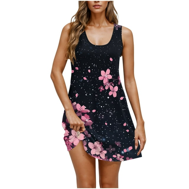 Vestido Corto de Verano Casual de Moda Impreso Cuello Redondo Bolsillo sin Mangas de las Mujeres, Vestido Casual para Diario
