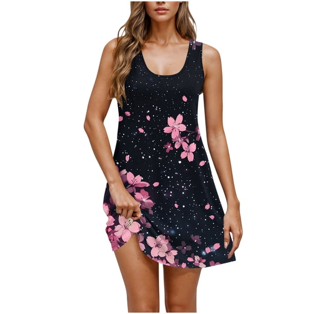 Vestido Corto de Verano Casual de Moda Impreso Cuello Redondo Bolsillo sin Mangas de las Mujeres, Vestido Casual para Diario