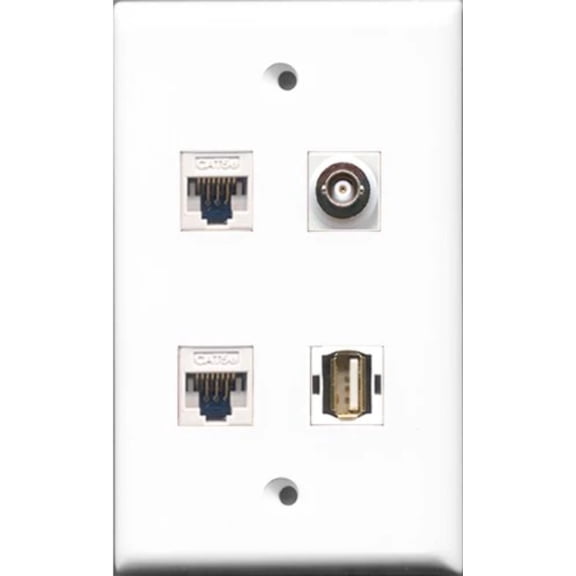 RiteAV - 1 Port USB A-A and 1 Port BNC 2 Port Cat5e Ethernet White Wall Plate