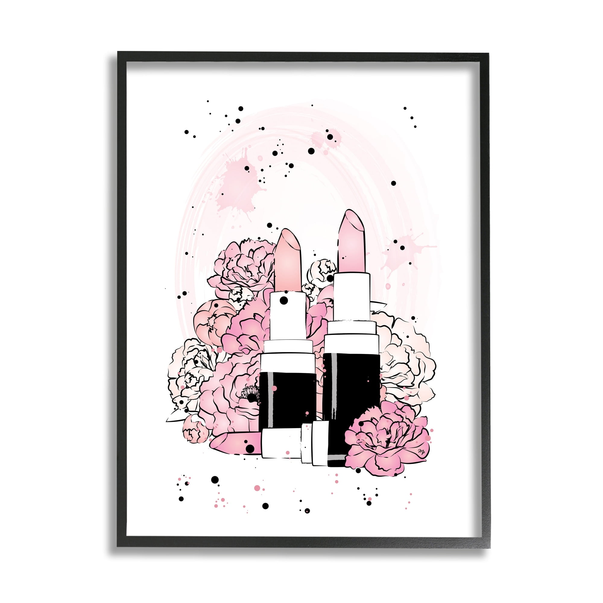 Stupell Industries Pink Peony Florals Glam Lipstick Cosmetic Beauty & Fashion Painting Black Framed Art Print Wall Art, 11 x 14