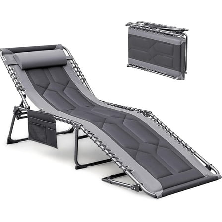 PRZL 4-Fold Padded Portable Folding Outdoor Chaise Lounge Heavy Duty Reclining Chair with Pillow & Side Pocket for Patio, Beach, Pool, Camping, Sunbathing (Gray)