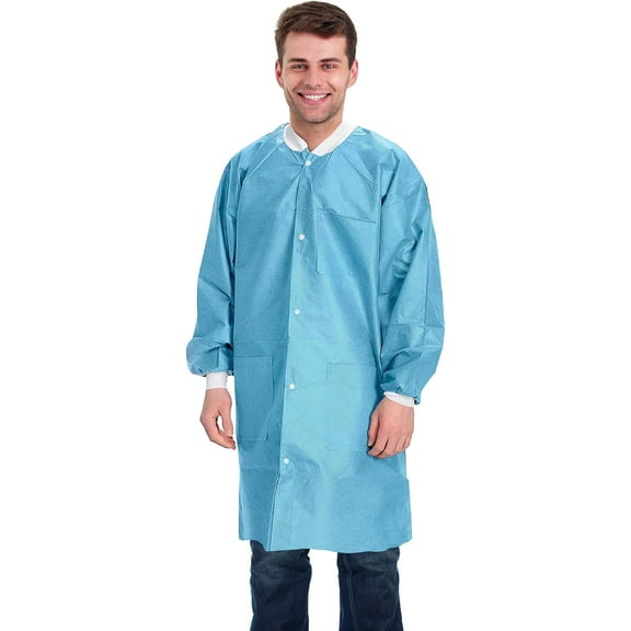 Disposable Lab Coat 45 Inches Long, X-Large. Pack of 50 Blue SMS Disposable Lab Coats for Adults. 50 GSM Disposable Coats Medical with 3 Pockets, Front Snaps, Knit Cuffs, and Collar