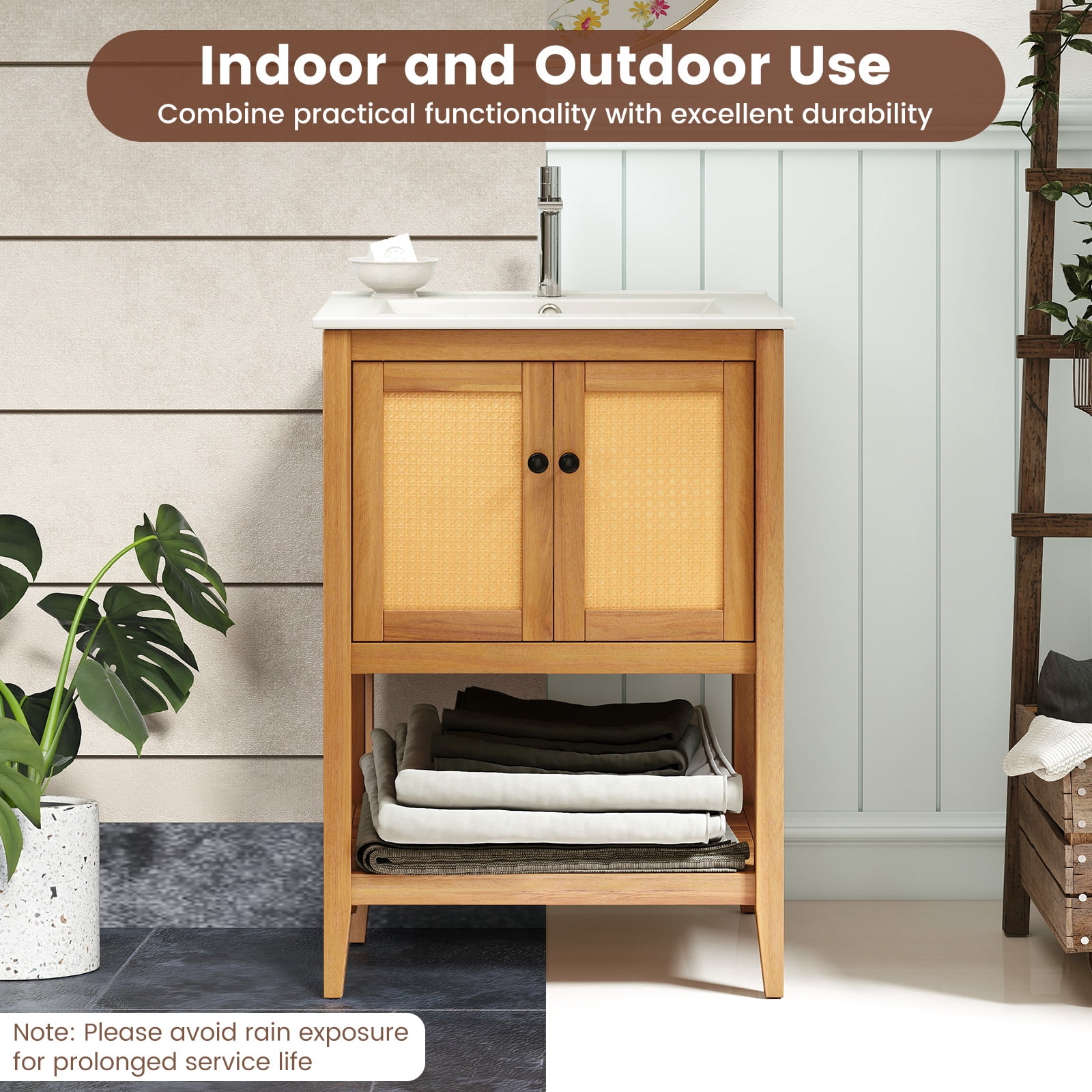 Gymax 24'' Bathroom Vanity w/ Sink 2 Rattan Doors & Open Slatted Shelf Freestanding