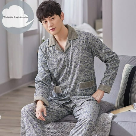

QWZNDZGR Spring Autumn Knitted Cotton Long Pajama Sets Plaid Sleepwear PJ Pyjamas Men s Sleep & Lounge Home Fashion