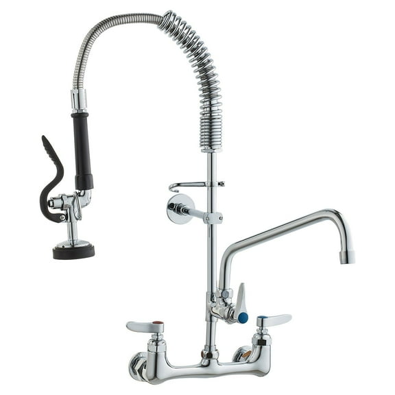 Commercial Faucet with Pre-Rinse Sprayer,or 1/2/3 Compartment Sink, 25" Height, 8" Center, 12" Swing Spout, Wall Mount Kitchen Sink Faucet, Brass Constructed Device with Pull Down Spray