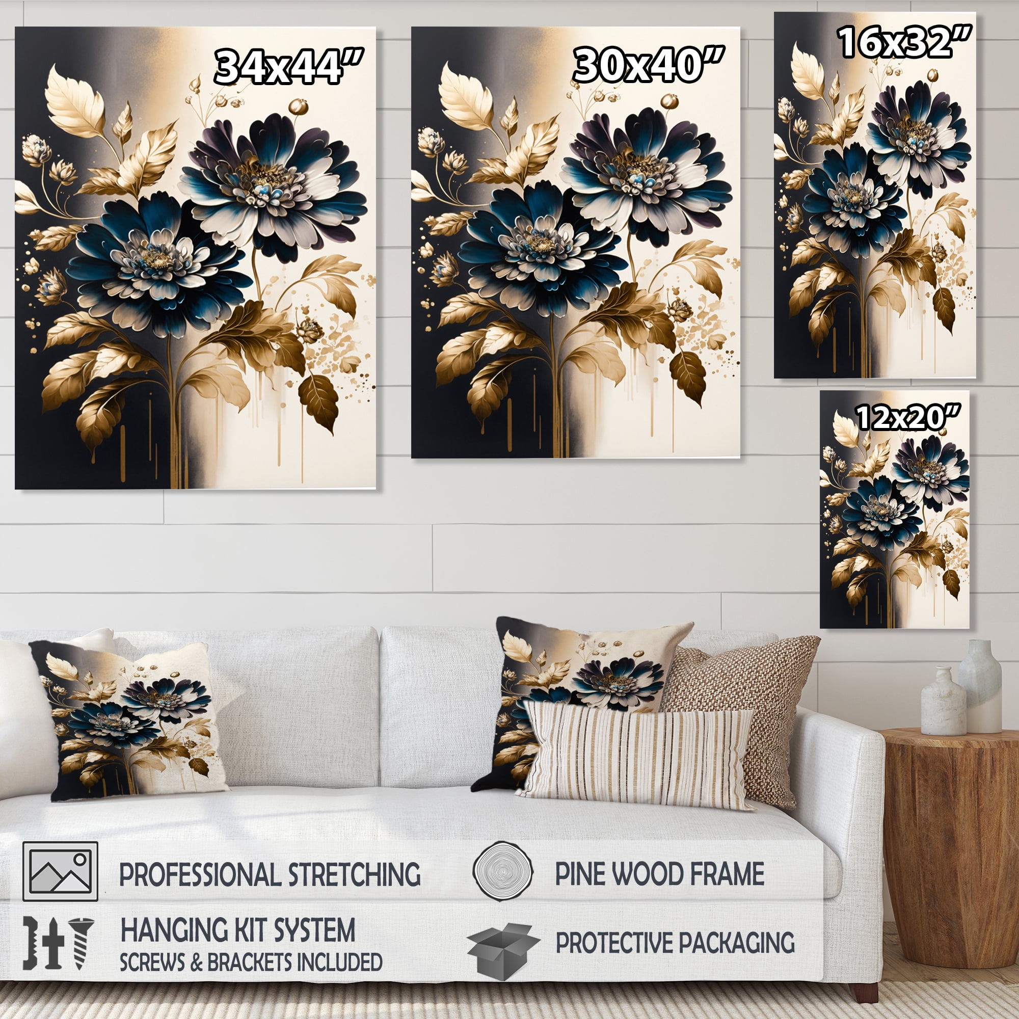 Designart Blue And Gold Zinnia Flowers V Canvas Wall Art