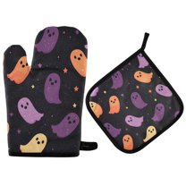 Yayeee Oven Mitts and Pot Holder Set of 2 Heat Resistant Kitchen Gloves Baking Hot Pad, Halloween Purple Ghosts