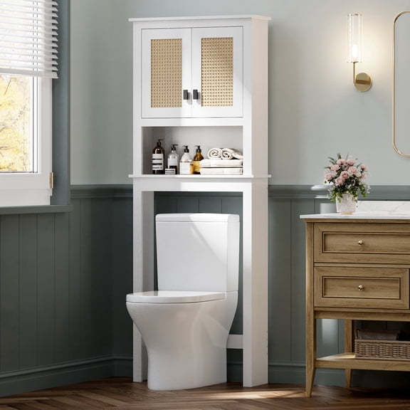 Over the Toilet Storage Cabinet – Space-Saving with Rattan Doors, Adjustable Shelf – Freestanding Bathroom Organizer Rack for Restroom, Laundry, or Above Washer – White Wood
