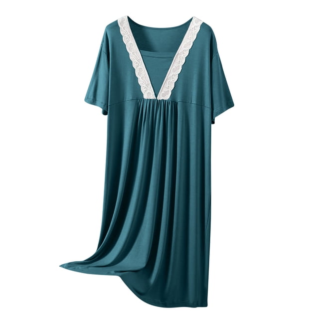 Tranfacy Chemises de Nuit pour Femmes, Chemises de Nuit pour Femmes Grande Taille, Robe de Nuit Décontractée et Tendance Unie à Grand Col Rond pour Femmes