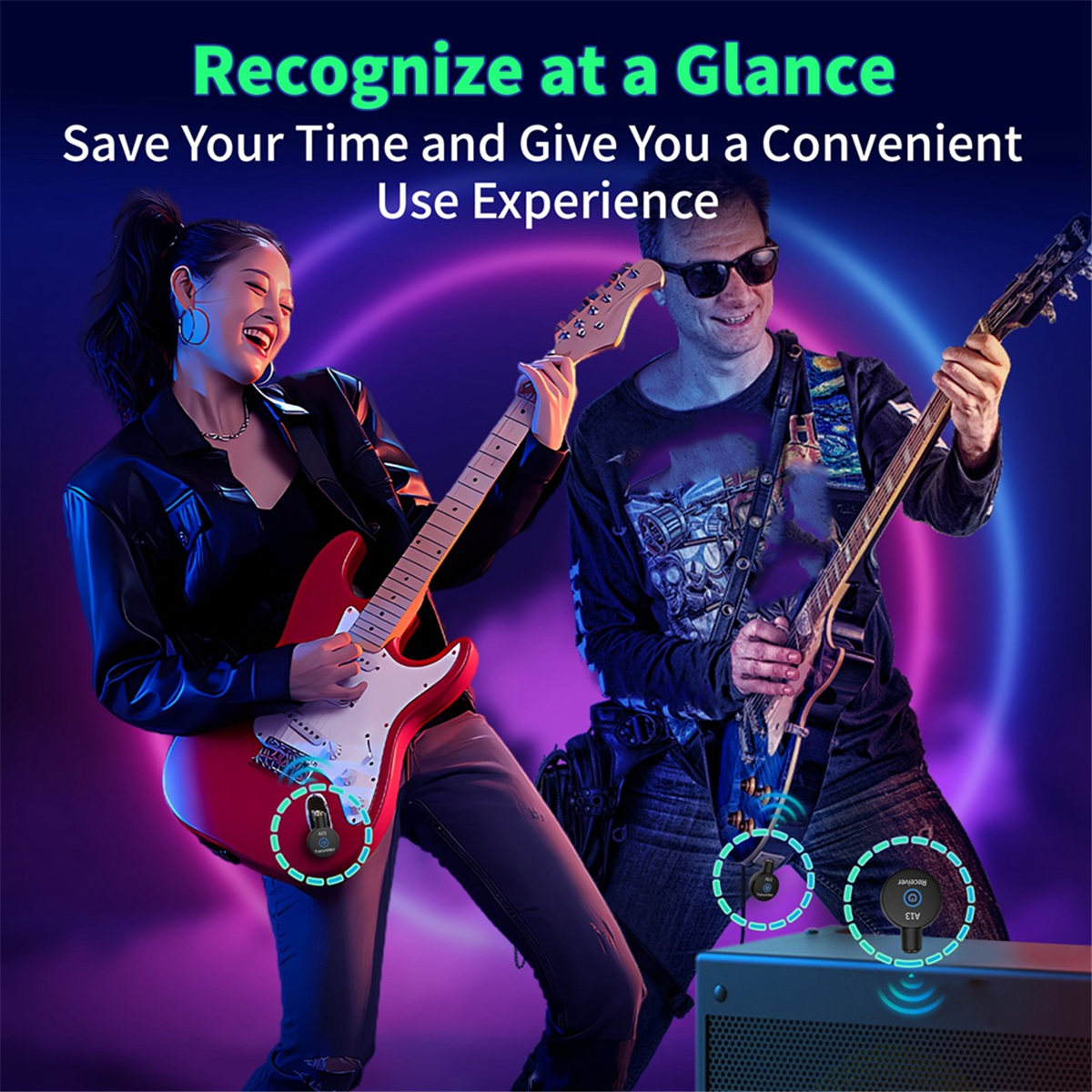 2-in-1 2.4GHz Wireless Guitar System 48KHz Audio Wireless Guitar Transmitter Receiver Electric Guitar Bass Amplifier,1 * Receiver 2 * Transmitter 1 * Data cable,Black