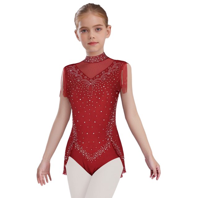 Moggemol Justaucorps de Danse pour Filles Scintillant en Strass Col Montant Sans Manches Fermeture Éclair Invisible au Dos Patchwork en Maille Transparente Justaucorps à Jupe à Franges Bourgogne 8