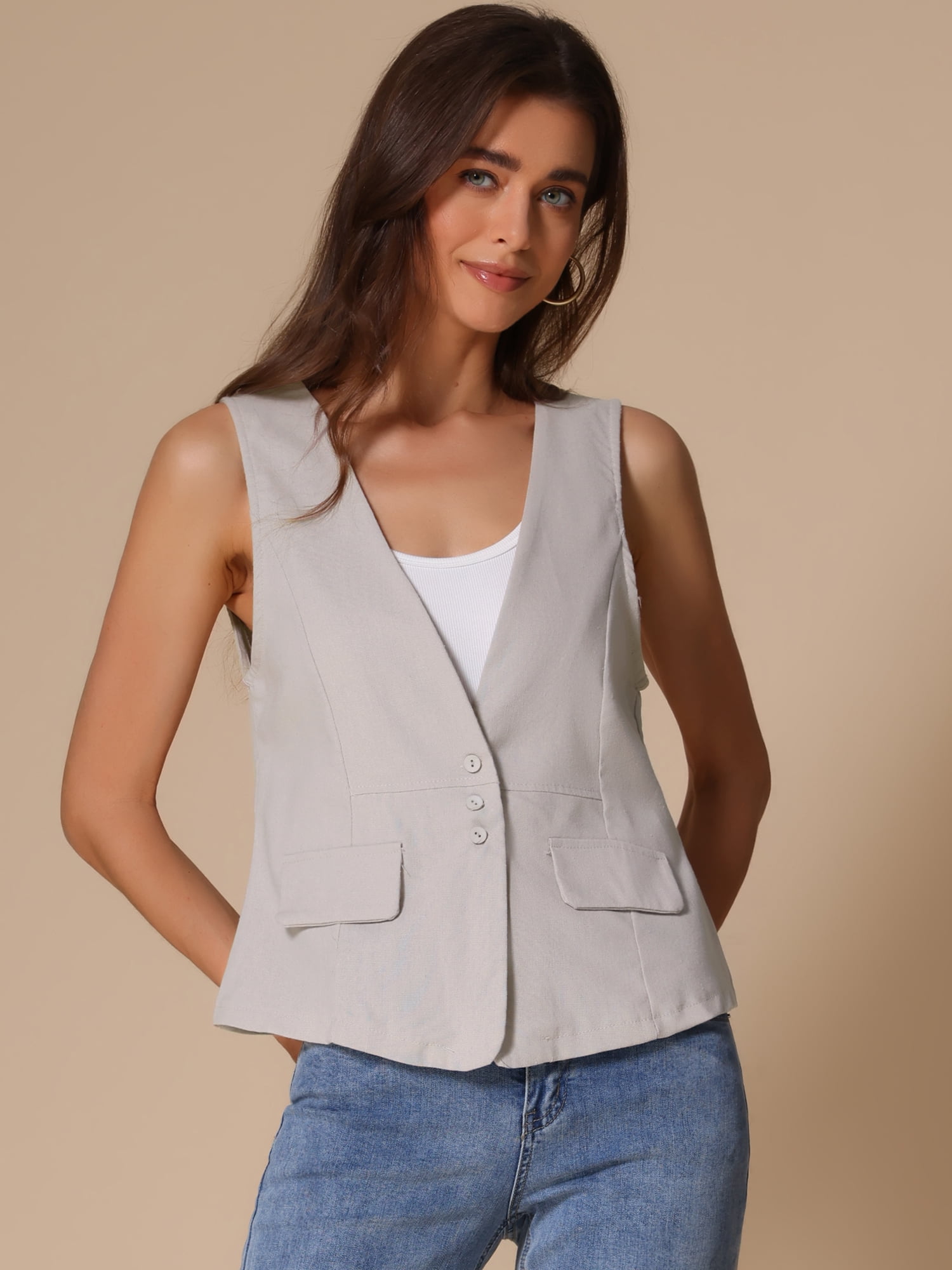 DARING DIVA Womens Linen Vest Loose Sleeveless Blazer Lightweight Jacket M Beige