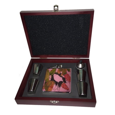 

KuzmarK Pink Leather Flask Set in Rose Wood Gift Box - Tuxedo Maine Coon Kitty Fairy Life is Good Fantasy Cat Art by Denise Every