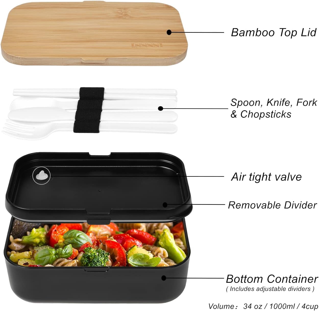 Bento Box Lunch Box Containers for Adults - Natural Bamboo Lid, Cutlery & Chopsticks, Lunch Box for Women, Microwave Safe, Dishwasher Safe, Bpa Free, Leakproof, Men