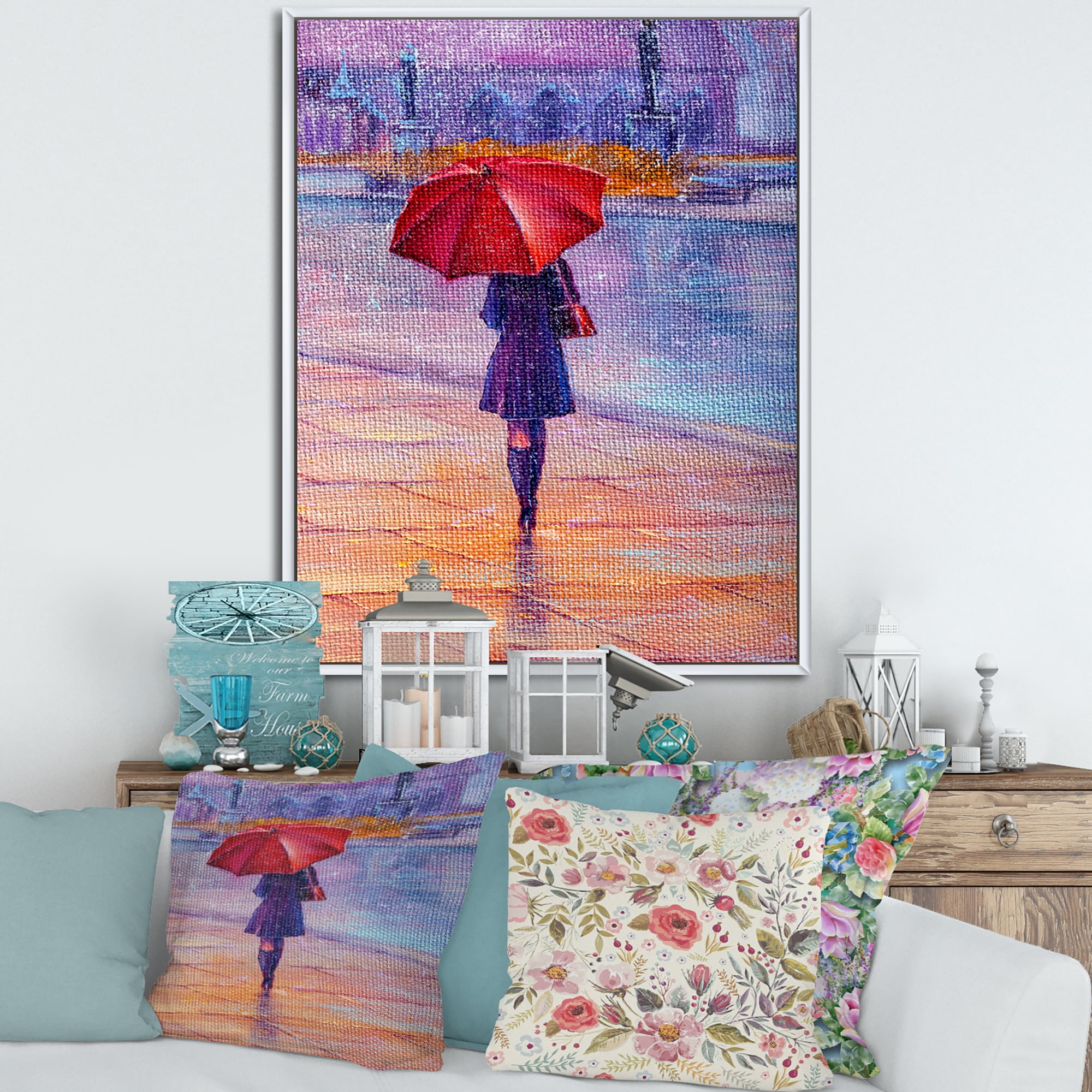 Designart 'Girl Walking With Red Umbrella Under The Rain' French Country Framed Canvas Wall Art Print