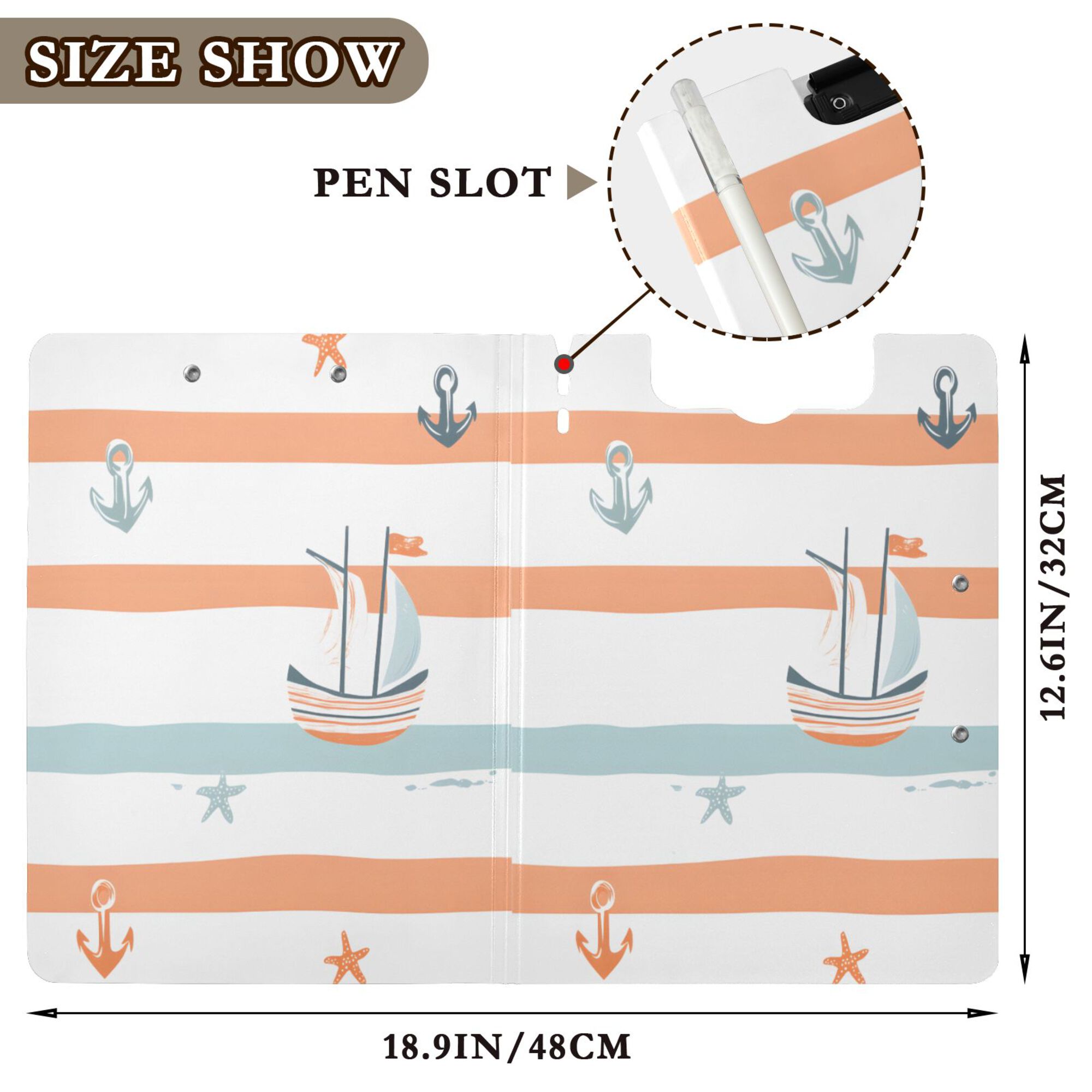 FORMRS A4 Clipboard Folder with Pen Holder Horizontal Foldable School Office Binder, Orange Nautical Pattern