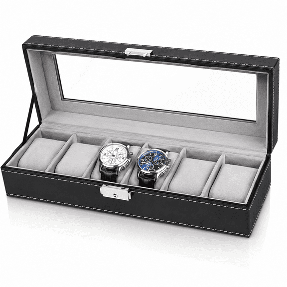 6 Slots Watch Box Organizer for Men,Black Watch Holder Stand Display Storage Case