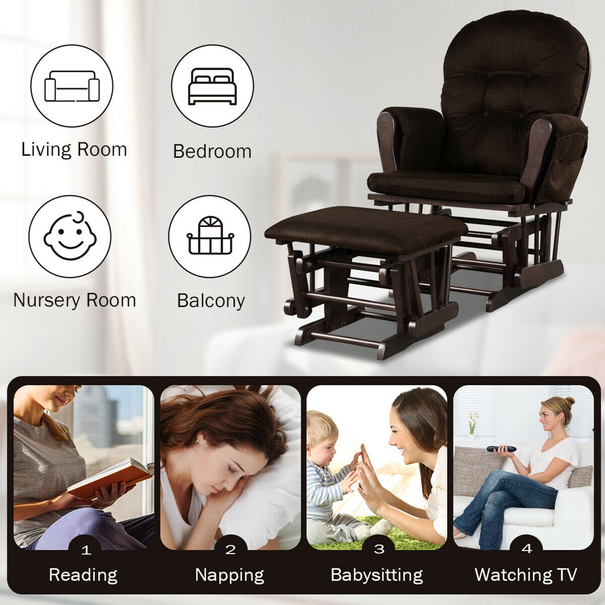 Gymax Wood Baby Nursery Rocking Chair Glider and Ottoman Cushion Set Brown