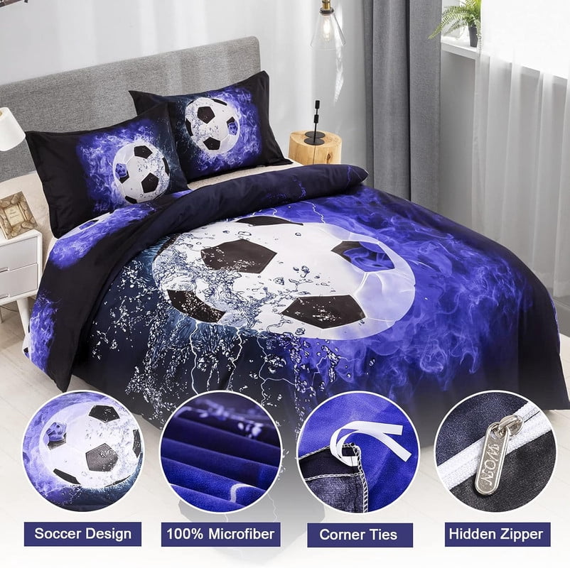 3D Soccer Duvet Cover Set Twin Size - Vibrant Blue Flame Football Design, Soft Microfiber Bedding for Kids & Teens, Includes 1 Duvet Cover + 2 Pillowcases (Full/Queen Also Available)
