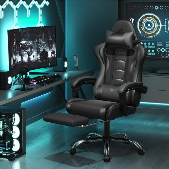 Yaheetech Ergonomic High Back Gaming Chair with Slide Out Footrest, Full Black