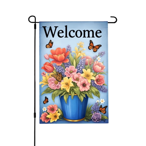 Amhnf Welcome Floral Garden Flag With Butterflies And Colorful Flowers In Blue Vase For Home Outdoor Garden Yard Decor 12x18 inch