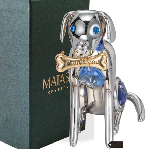 Chrome Plated Silver Dog and Bone with Blue Crystals by Matashi