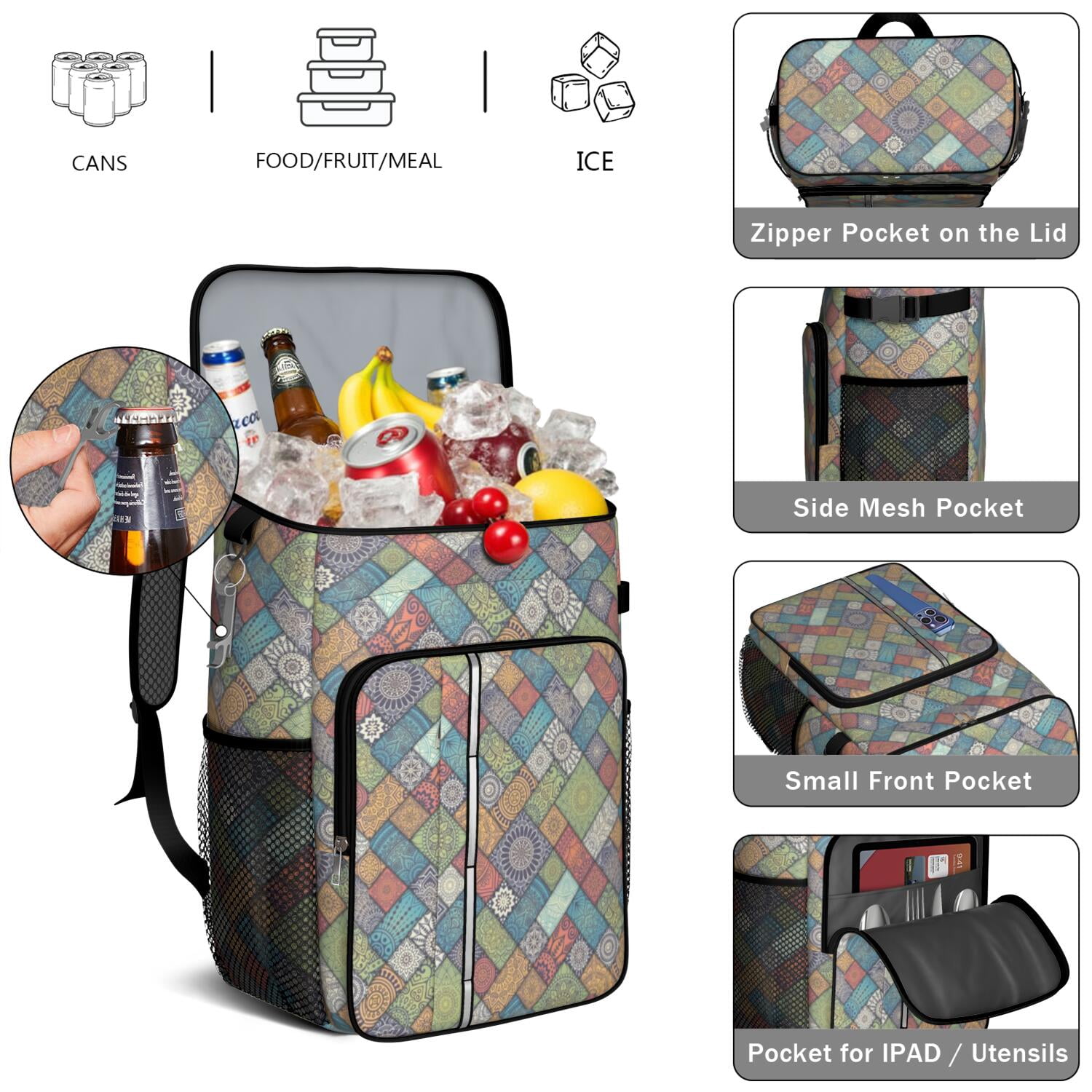Travel Cooler Bag - Boho Bohemia Flower Camping Beer Cooler Backpack with Bottle Opener- Waterproof Insulated Picnic Backpacks - Cooler Bag for Beach