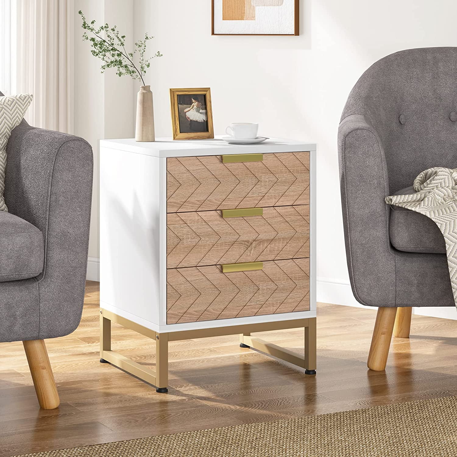 Tribesigns 3 Drawers Nightstand Set of 2, Modern Bedside Table with Unique Chevron Design for Bedroom (White & Wood Color)