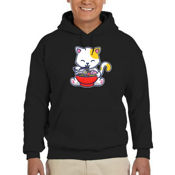 Smartprints Mens Graphic Hoodie Black - Cat Eating Ramen Cartoon Cotton Blend Classic Fit