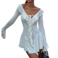 thumbnail image 2 of Women'S Long Sleeve V-Neck Dress Off Shoulder Ruffle Tiered Flowy Bodycon Mini Dresses White L, 2 of 10