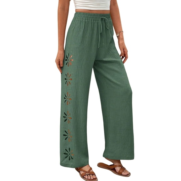 Women's Beach Pants Summer Boho Drawstring Elastic Waist Hollow Out Textured Wide Leg Clothes Green S