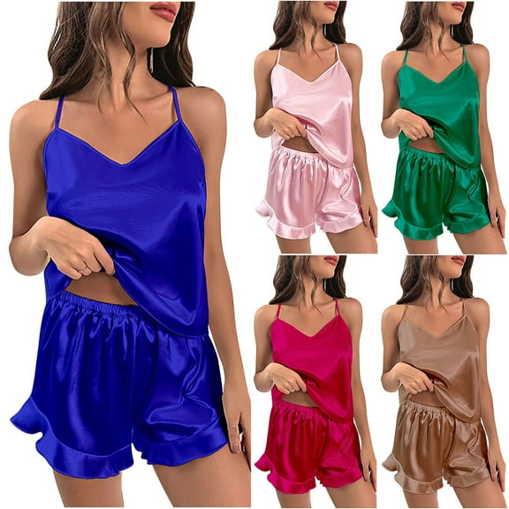 Elainilye Fashion Pajamas for Women Halter Pajamas Home Dress Shorts Sets Two-piece Set Sleepwear Homewear,Brown