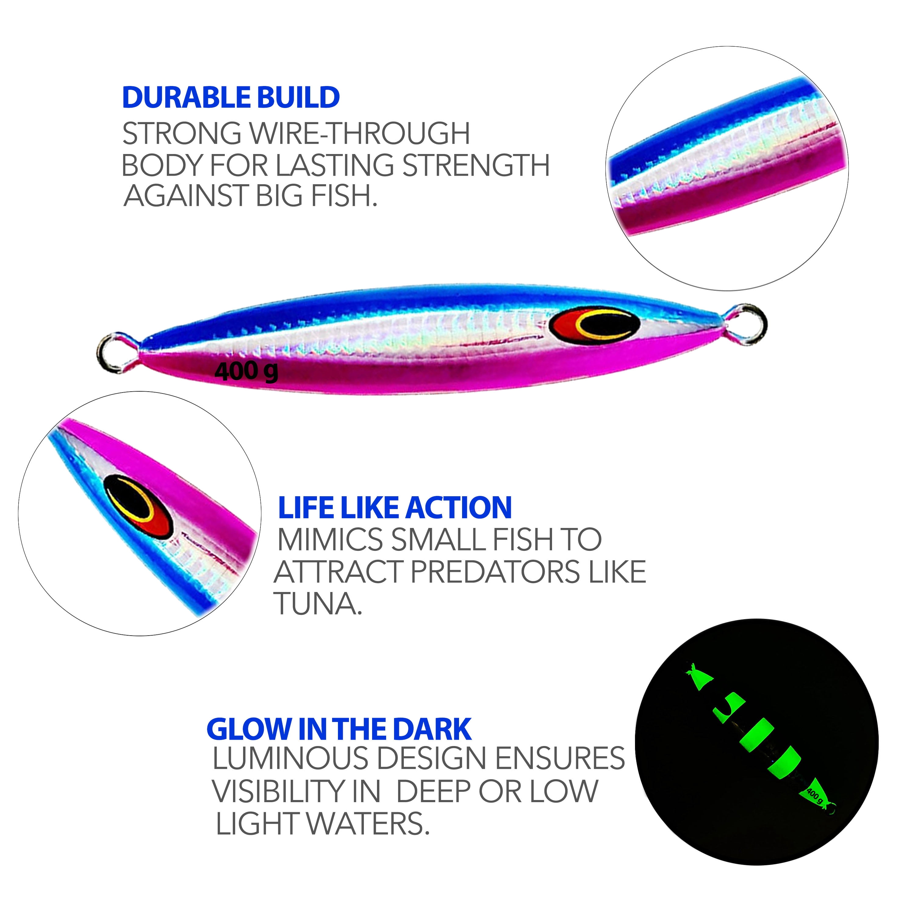 6" Tuna Jig 400g,3 Pcs Blue Pink Zebra Glow Saltwater Fishing Lures, Fishing Gear & Tackle, Tuna Fishing Jig
