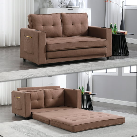 3-in-1 Upholstered Futon Sofa Convertible Sofa bed,Foldable Tufted Loveseat with Pull Out Sleeper Couch Bed,Folding Mattres Love Seat Daybed W/Side Pockets and Cup Holder
