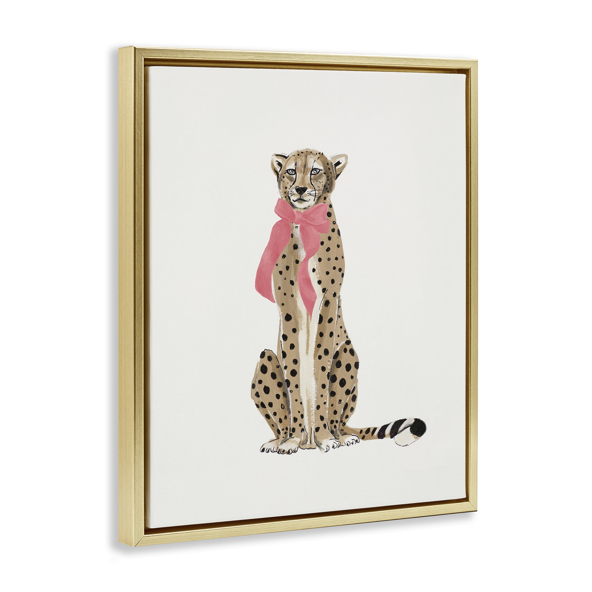 Stupell Industries Trendy Cheetah with Ribbon Animals Painting Gold Floater Framed Canvas Art Print Wall Art, 17 x 21
