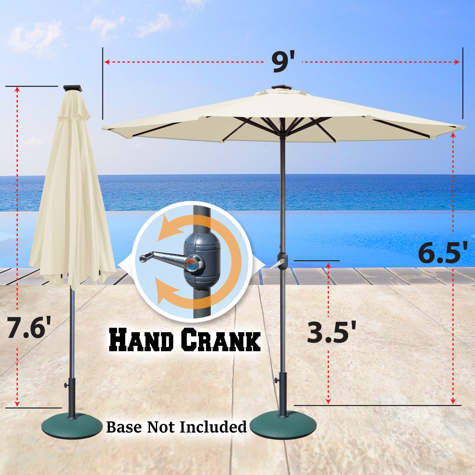 Sunny 9' Aluminum Solar Powered Patio Umbrella 24 LED Light Parasol Sunshade with Crank (Ecru)