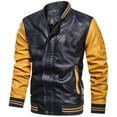 thumbnail image 3 of IYTR Men's PU Leather Jacket Baseball Jacket Zipper Motorcycle Jacket Red Blue Colorblock Long Sleeve Fashion Outwear Men's Clothing Yellow XXXXL, 3 of 5
