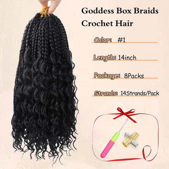 JINYUN-8 Packs Goddess Box Braids Crochet Hair for Black Women 14 Inch - Boho Knotless Box Braids Crochet Hair Pre Looped Synthetic Braiding Hair Extensions Ombre Colors #1