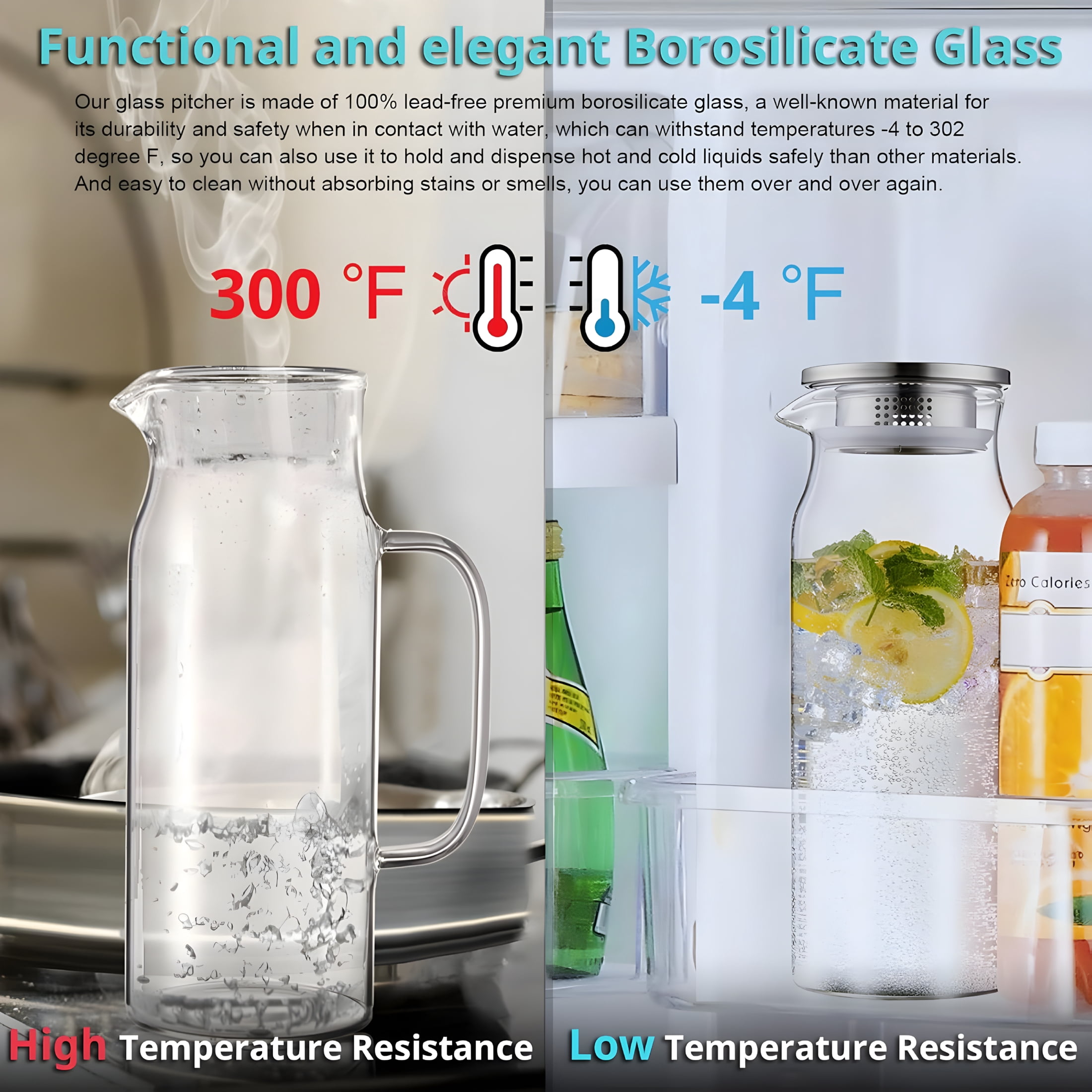 ACDANC 1.6 Liter 54 Oz Glass Pitcher with Lid and Handle,Glass Carafe Water Pitcher for Hot/Cold Water,Iced Tea,Drinks,Coffee,Juice and Homemade Beverage