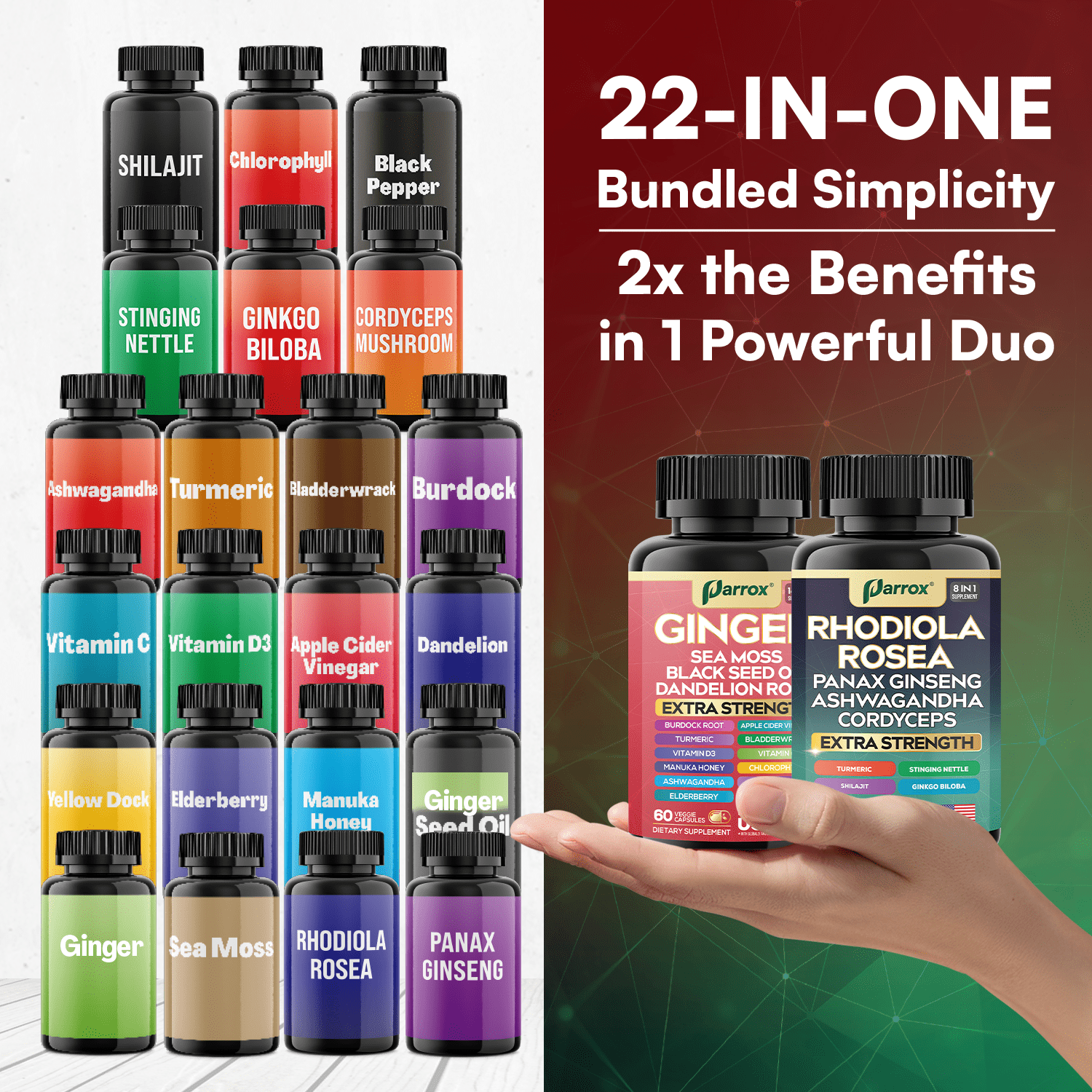 Parrox Dynamic Duo Herbal Bundle, Ginger, Rhodiola Rosea, Sea Moss, Ashwagandha, Black Seed Oil, Panax Ginseng, Turmeric, Dandelion, Cordyceps, Ginkgo Biloba, ACV, Elderberry, Manuka Honey