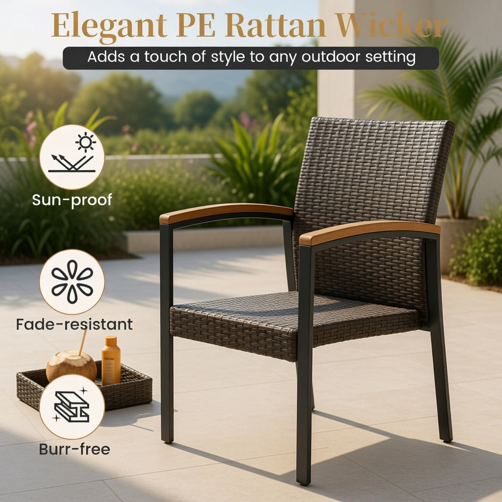Hommoo 3-Piece Outdoor Patio Conversation Set, Acacia Wood Armrests & Tabletop, PE Rattan Chairs with Cushions, Includes Square Coffee Table, White