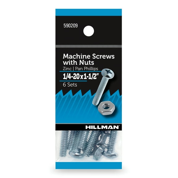 Hillman Machine Screws, 1/4-20 x 1-1/2", Steel, Zinc, Interior, Phillips, Silver, 6 sets